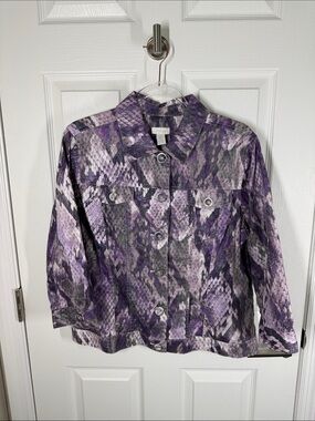Chicos purple snakeskin print denim style jacket with silver metallic size large